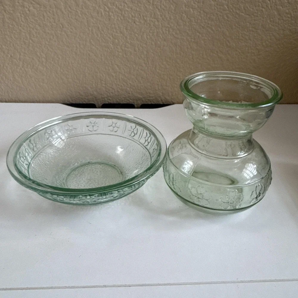 Glass Bulb Forcing Vase W/ Embossed Flower Motif  W/matching Bowl Uranium Glass